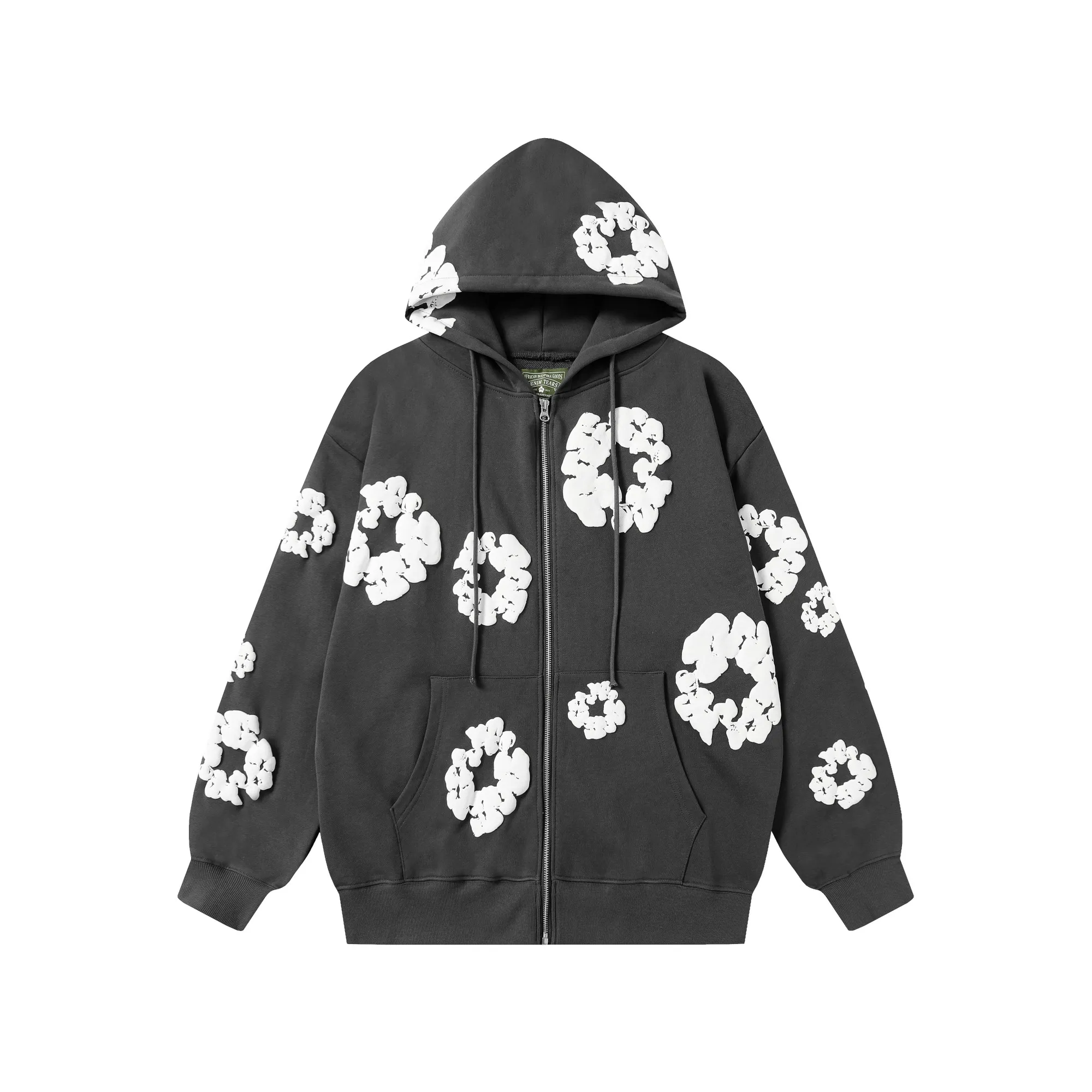 16 colors DENIM TEARS Kapok European and American trendy brand high-quality foam printed hooded sweatshirt jacket. Terry fabric weighs 380 grams. Threads are customized and dyed in the same color. Color Black Gray Blue Green Royal Blue Purple Red Orange Colorful Blue Pink White Sky Blue Brown Carbon Gray Black Gray White White Size S-XL